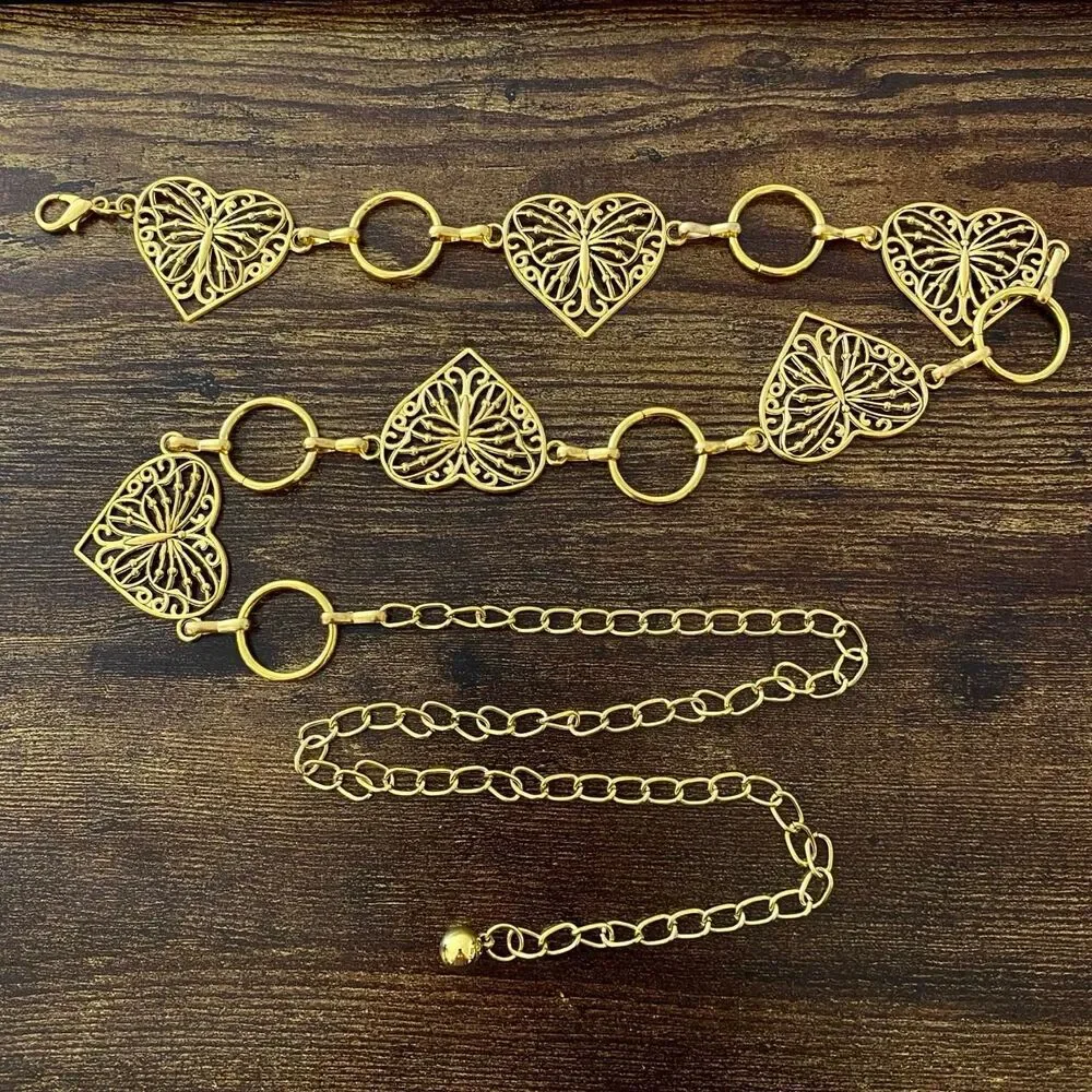 Gold Y2K Butterfly Heart Open Ring Chain Belt, Fits 25-44 Inches, X7GA1318